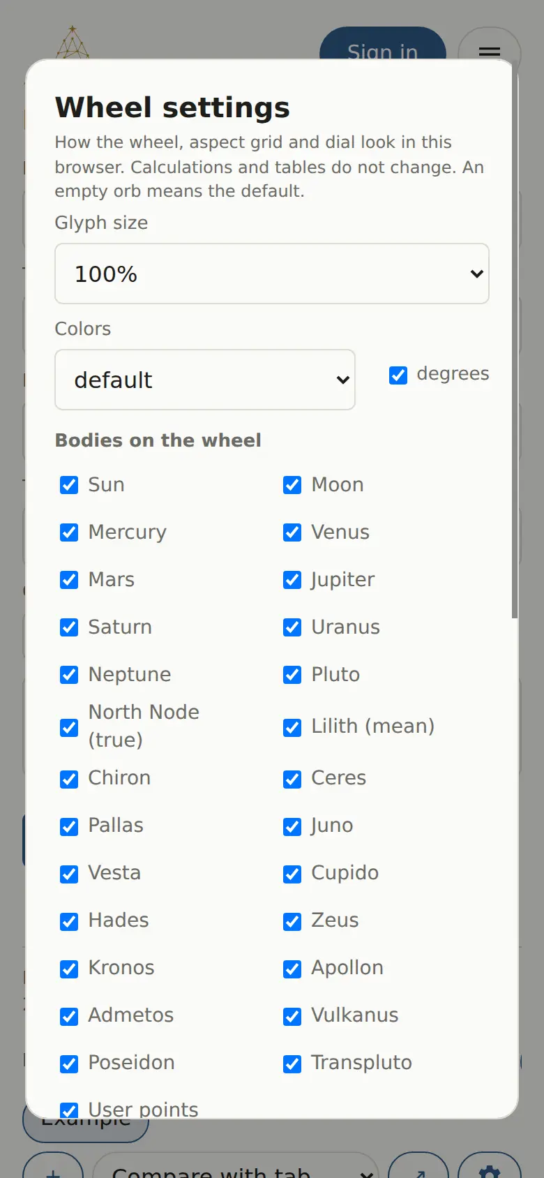 The “Wheel settings” dialog
